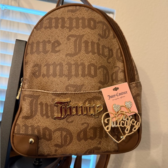 BADDIE BUNDLE🔥: Juicy Couture Brown Gold Backpack w/ Large Heart Juicy Dangles